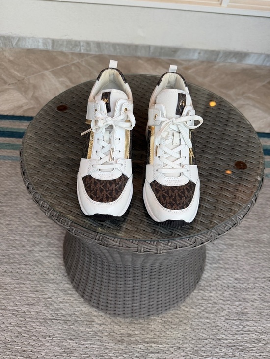 Michael Kors Shoes - Michael Kors White Sneakers with Brown Logo Panels and Gold Accents